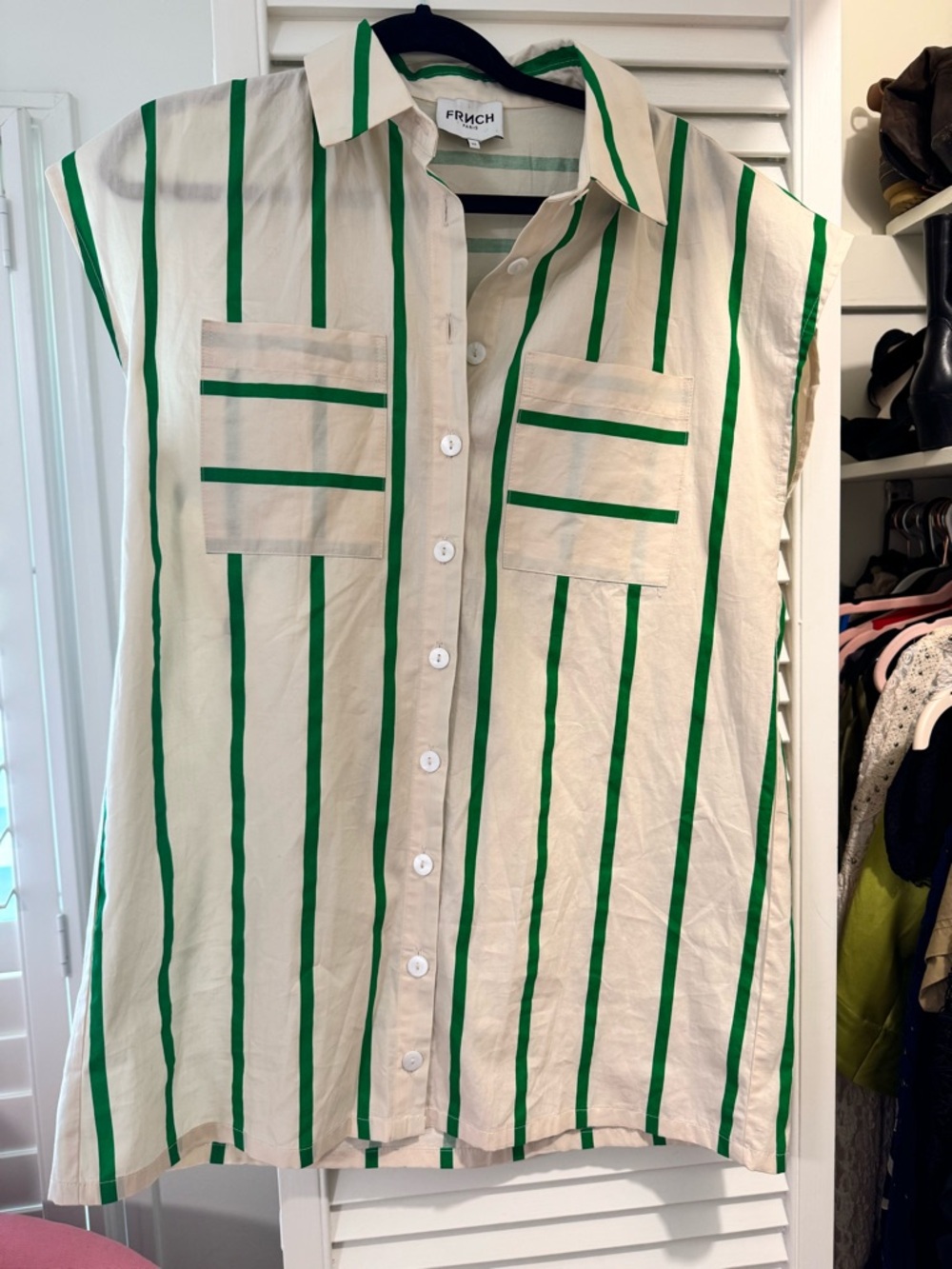 FRNCH PARIS Green and off white striped cotton shirt dress